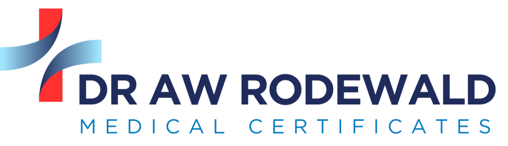 Logo of Dr. AW Rodewald Medical Certificates featuring a stylized cross and the text 'Dr AW Rodewald Medical Certificates' in bold blue letters.